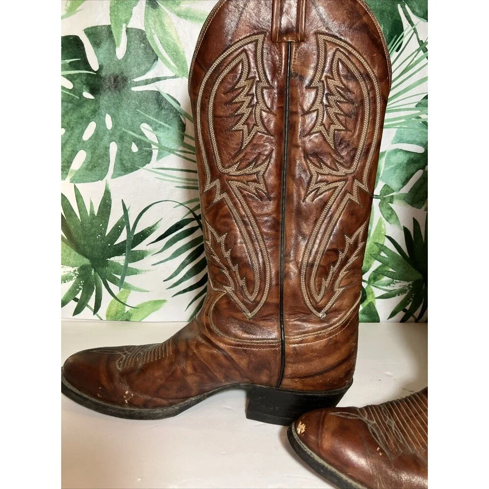 Tony Lama Cowboy Boots Men's 8D Terra Cota Leather Stitch Vaquero 6540 Vintage